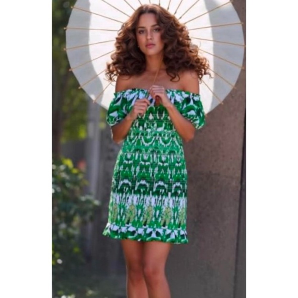Antica Sartoria Green Smocked Off Shoulder Mini Dress Small Resortwear Sun Dress